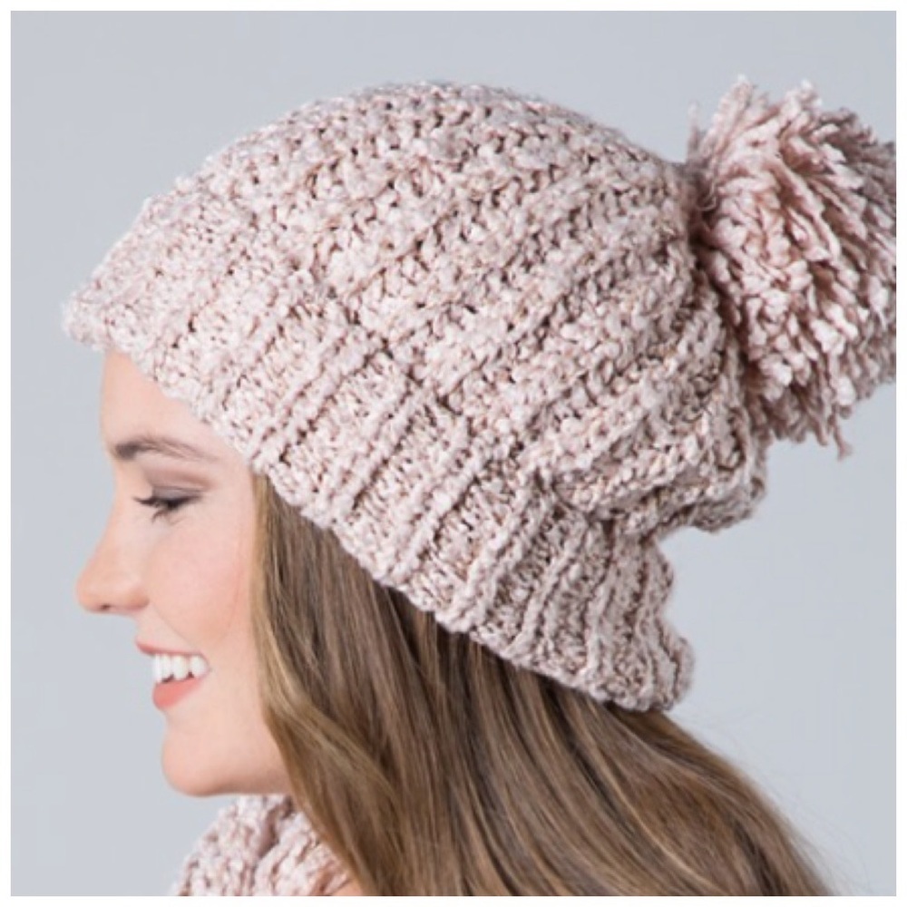Blush pink knit shimmer metallic pom beanie